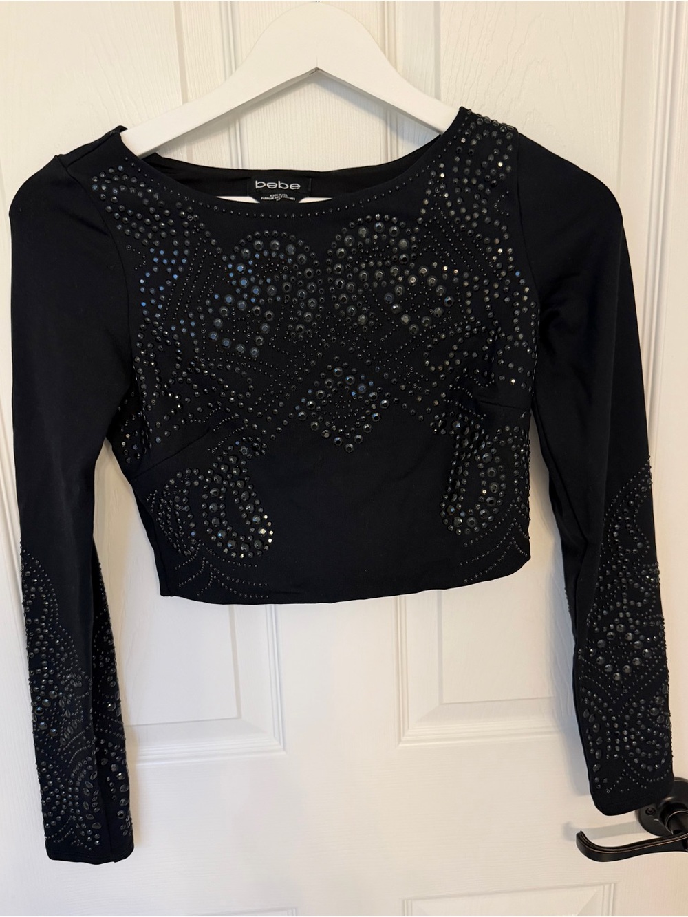 Bebe small black embellished crop top shirt long sleeve